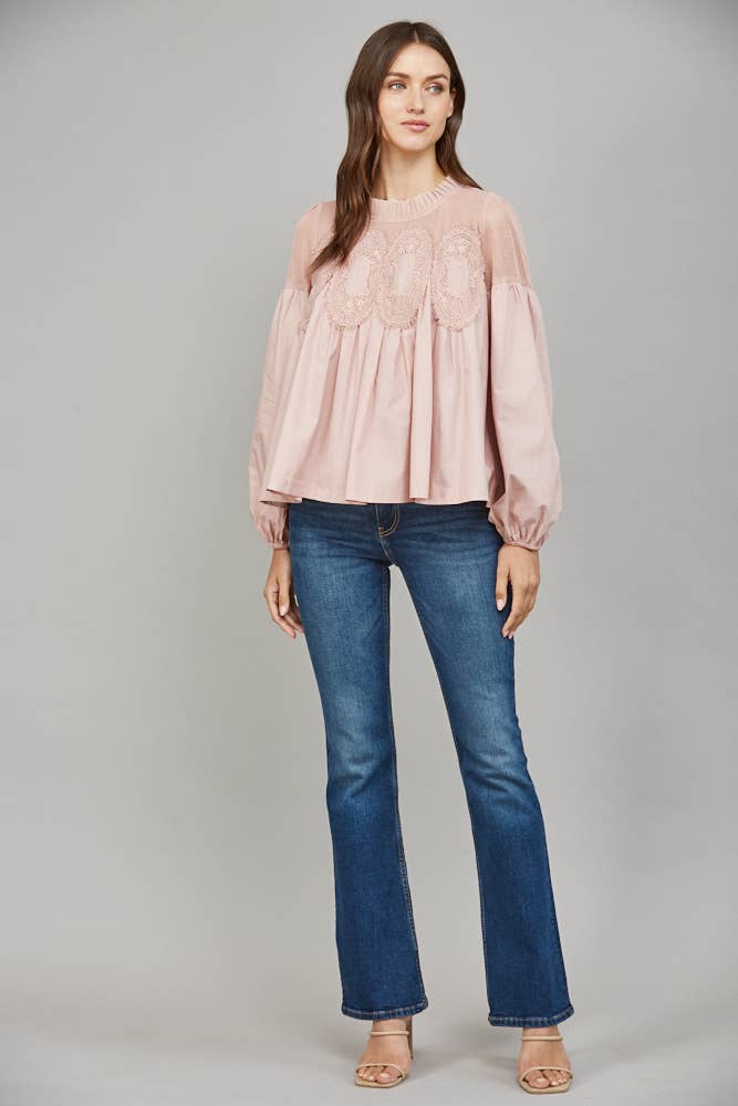 Lace Appliqué Detail Mixed Media Long Sleeve Blouse