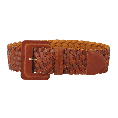 Wide Woven Braided Leather Belt, vintage brown leather with a rectangular buckle. Available sizes: S, M, L, XL.