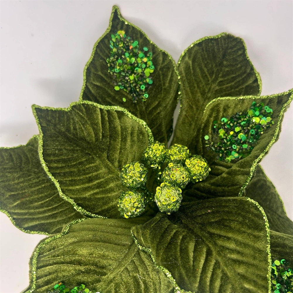 Olive Velvet Sequined Poinsettia Stem with velvet leaves, green glittery berries, and sequin accents. Size: H:22″ Dia:12″.