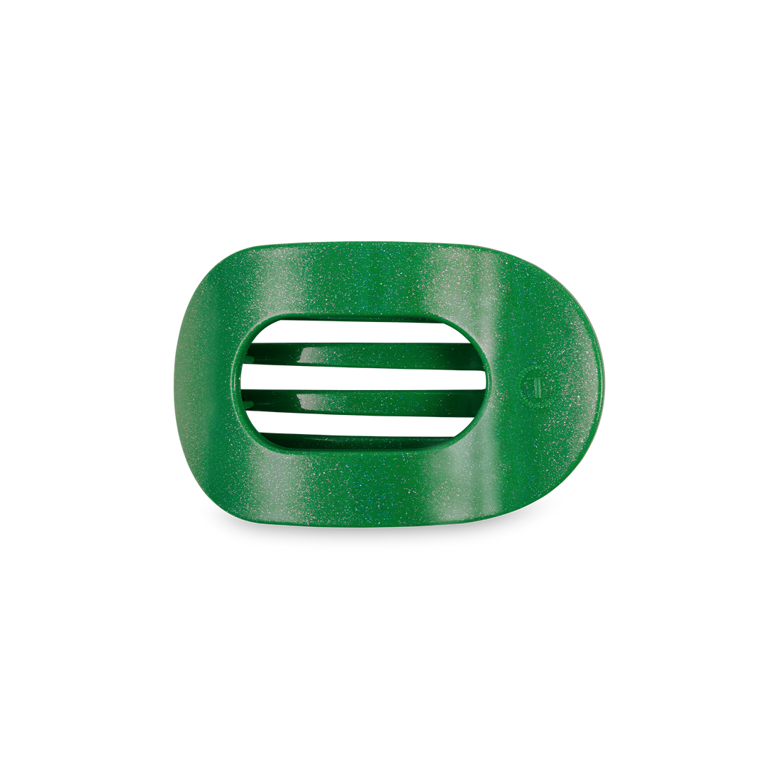 Oval green TELETIES Flat Round Hair Clip, durable plastic with two horizontal slats, small circle detail. Available in multiple sizes.