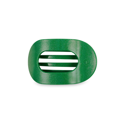 Oval green TELETIES Flat Round Hair Clip, durable plastic with two horizontal slats, small circle detail. Available in multiple sizes.