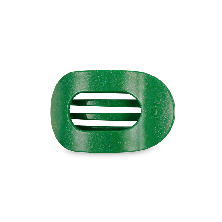 Oval green TELETIES Flat Round Hair Clip, durable plastic with two horizontal slats, small circle detail. Available in multiple sizes.