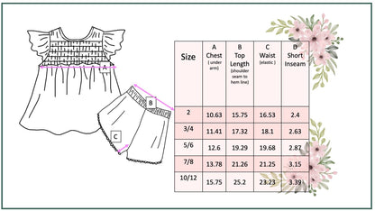Size chart for Girls Teal Check Wave Short Set with chest, top length, waist, and inseam; available in sizes 2T-10.