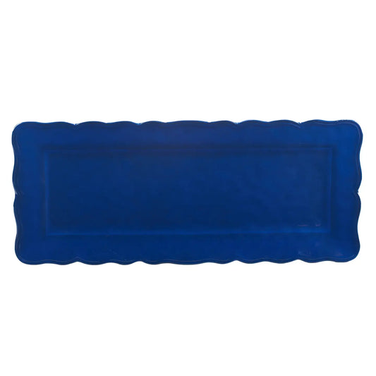 The Isabella Blue Melamine Rectangular Platter has scalloped edges and a glossy blue finish. Available in 12"x8" and 16"x10".
