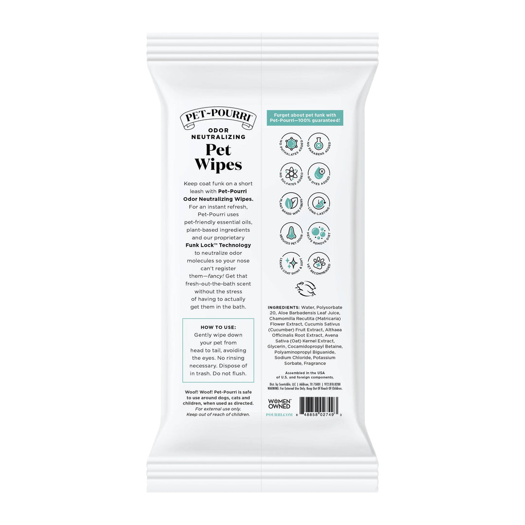 White Pet~Pourri Pet Coat Wipes, 50ct, Pawsitively Fresh Scent; odor removal, plant-based, hypoallergenic.