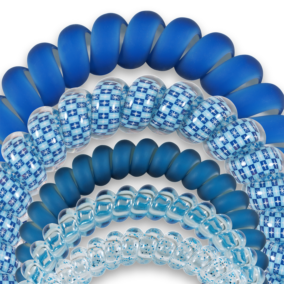Five Mazel! Spiral Hair Coils in blue, clear, and white patterns. Available in standard size.