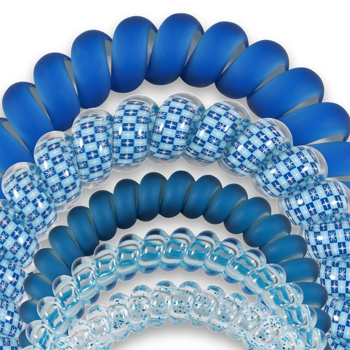 Five Mazel! Spiral Hair Coils in blue, clear, and white patterns. Available in standard size.