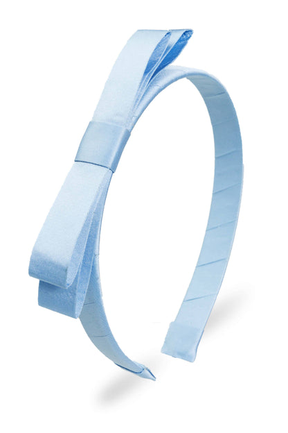 Light blue satin Sloane Mini Bow Headband with matching blue side bow; available in mini size.