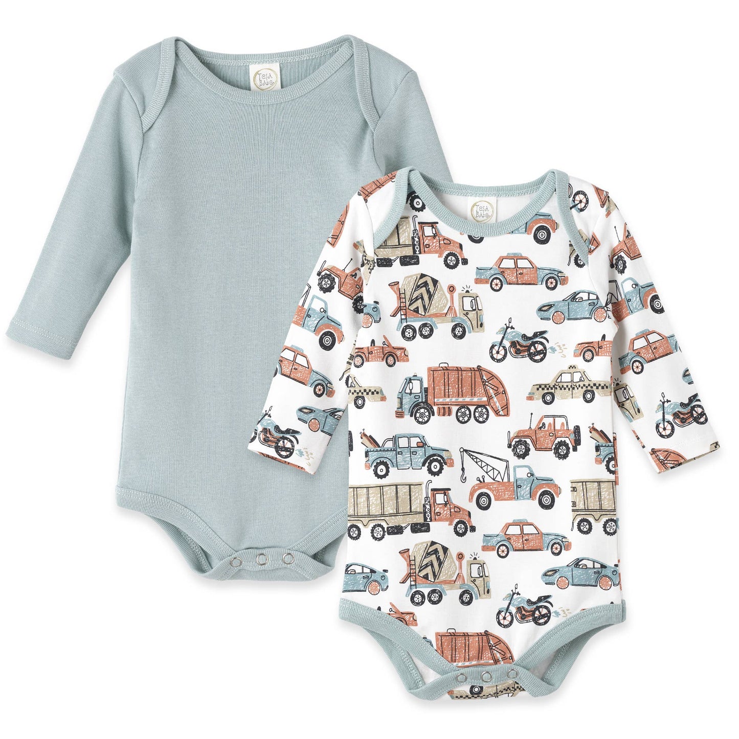 Set of 2 baby boy long-sleeve bodysuits, light blue and white with truck/car print, snap closures. Sizes: NB-24M.