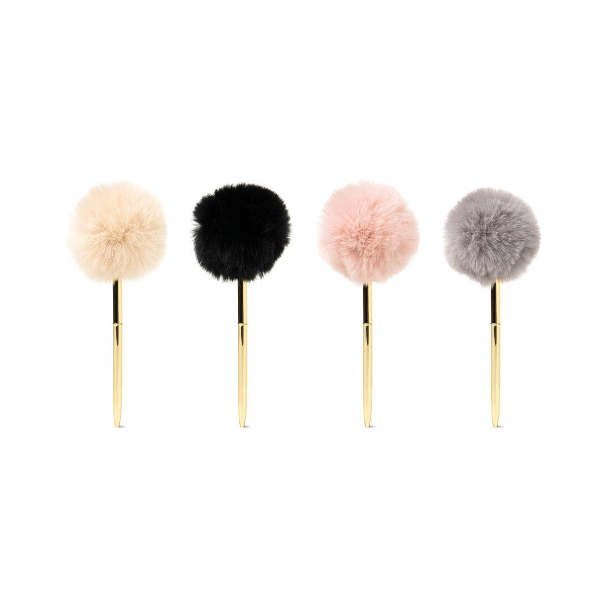 Four Crush Noted Pom Pens with goldtone barrels and plush pom-poms in cream, black, pink, and gray. Smooth-writing black ballpoints. Sizes available: standard pen size.