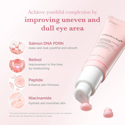MEDICUBE PDRN Pink Peptide Eye Cream pink tube, shown with cream swatches; 15ml and 30ml sizes available.