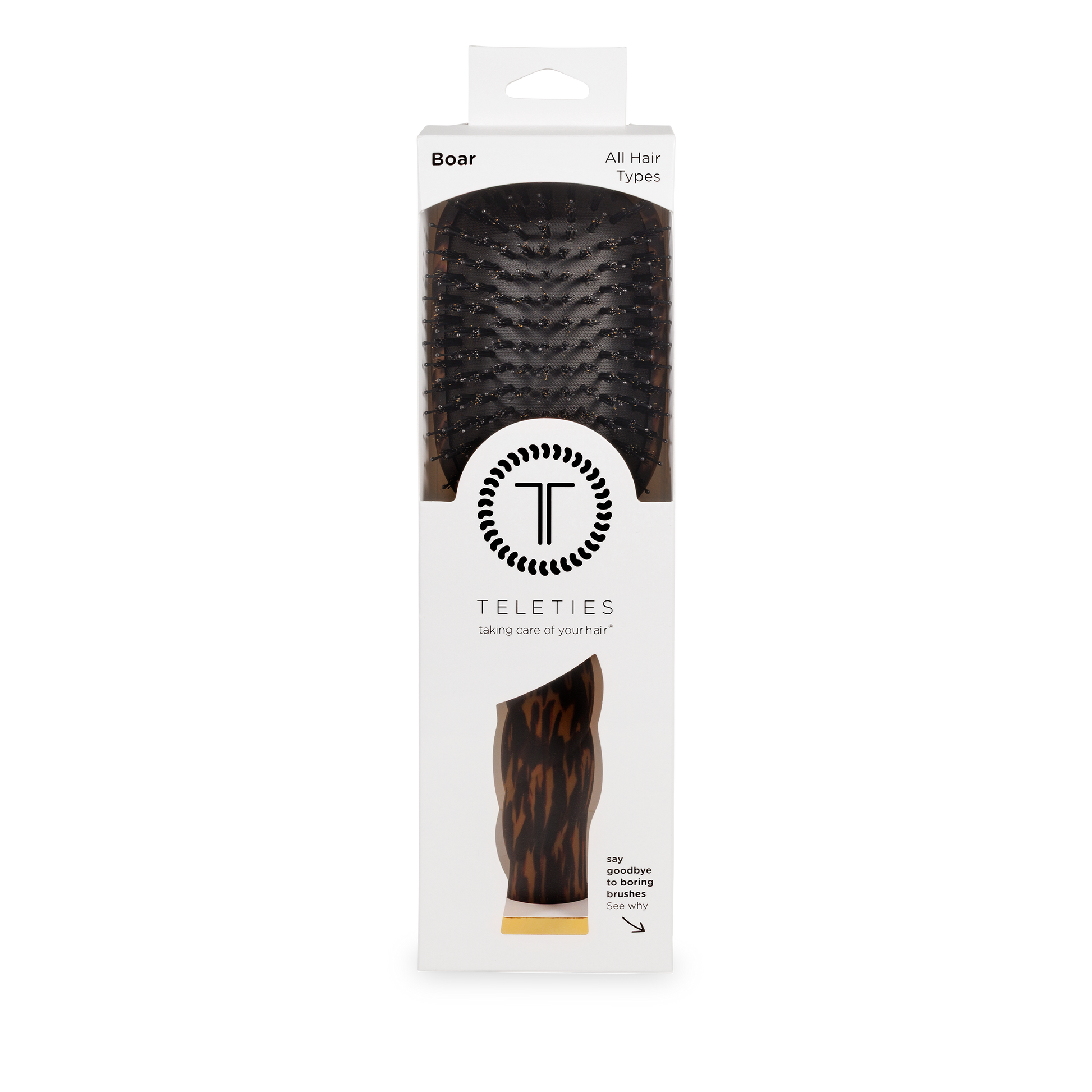 Rectangular white box with clear window displays Boar Bristle Hair Brush | Tortoise. Available in standard and large sizes.