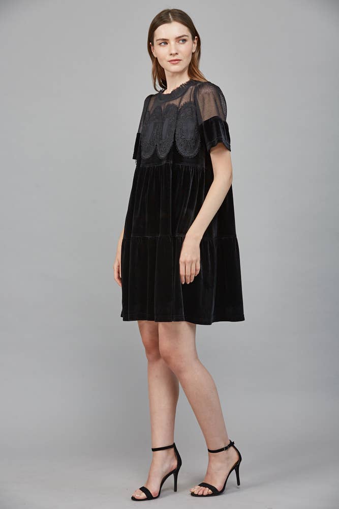 Contrast Sheer Mesh With Intricate Lace Detail Velvet Dress