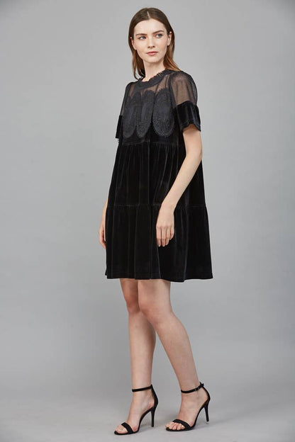Contrast Sheer Mesh With Intricate Lace Detail Velvet Dress