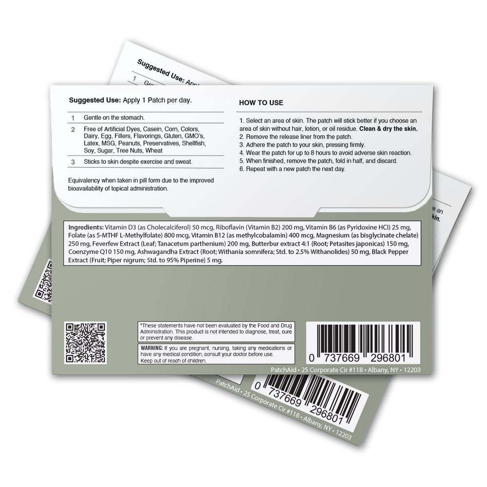 Two Headache Support Patch - Relief, Calm & Relaxation Aid: 1-Pack shown with instructions for use on the stomach and a list of vitamins. Available in 1-pack size. Barcode and company address included at the bottom.