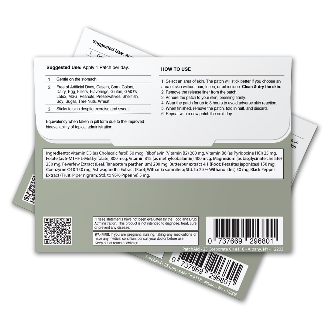 Two Headache Support Patch - Relief, Calm &amp; Relaxation Aid: 1-Pack shown with instructions for use on the stomach and a list of vitamins. Available in 1-pack size. Barcode and company address included at the bottom.