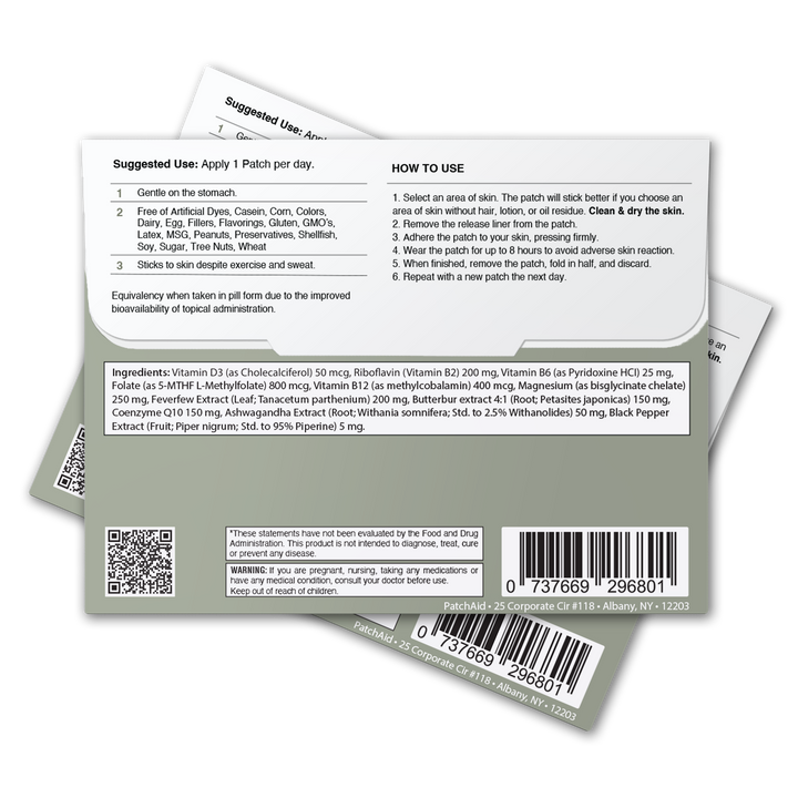 Two Headache Support Patch - Relief, Calm &amp; Relaxation Aid: 1-Pack shown with instructions for use on the stomach and a list of vitamins. Available in 1-pack size. Barcode and company address included at the bottom.