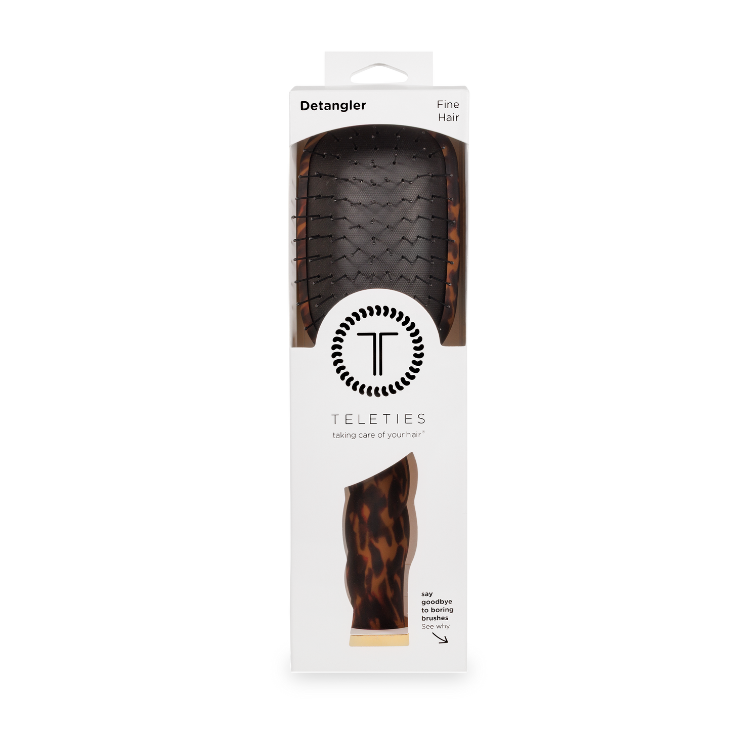The Detangler Hair Brush for Fine Hair | Tortoise in white box with clear window, TELETIES logo; available in multiple sizes.