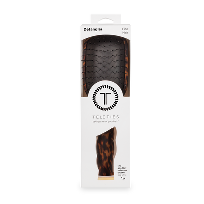 The Detangler Hair Brush for Fine Hair | Tortoise in white box with clear window, TELETIES logo; available in multiple sizes.