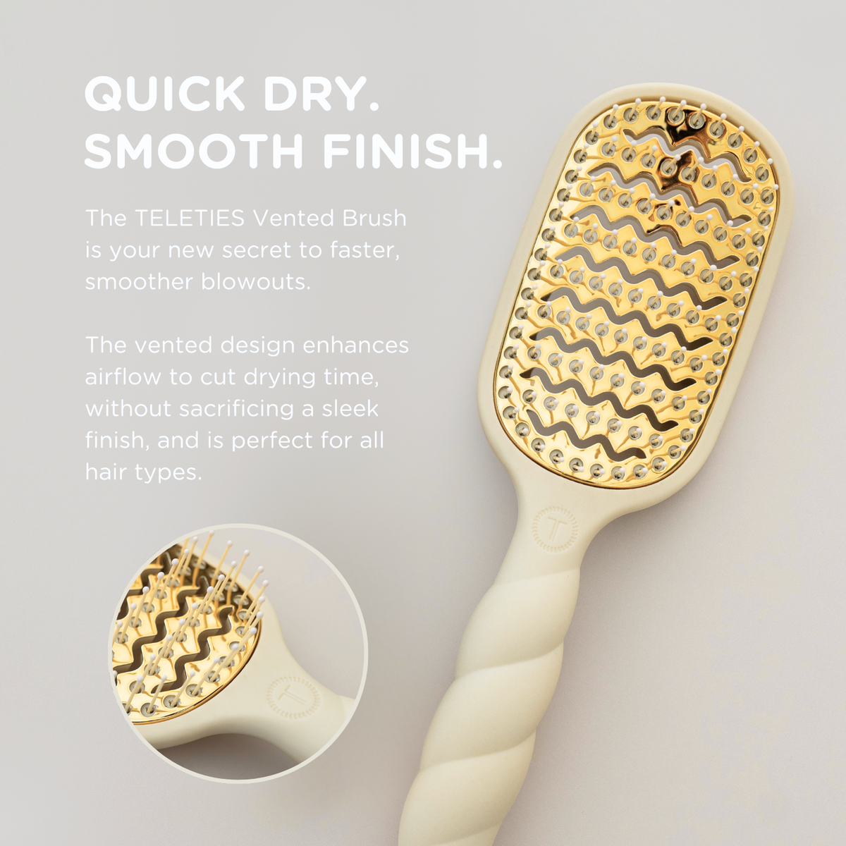 Tan Vented Hair Brush with quick-dry, smooth finish benefits for all hair types, vented design, and quick-heat aluminum plate; available in multiple sizes.
