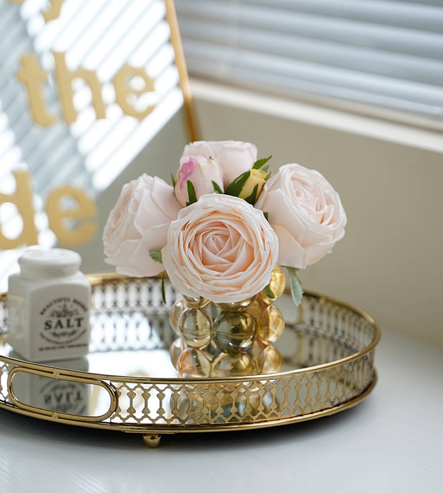 6-stem Real Touch pale pink rose bouquet in glass vase. Sizes: Standard, Large.