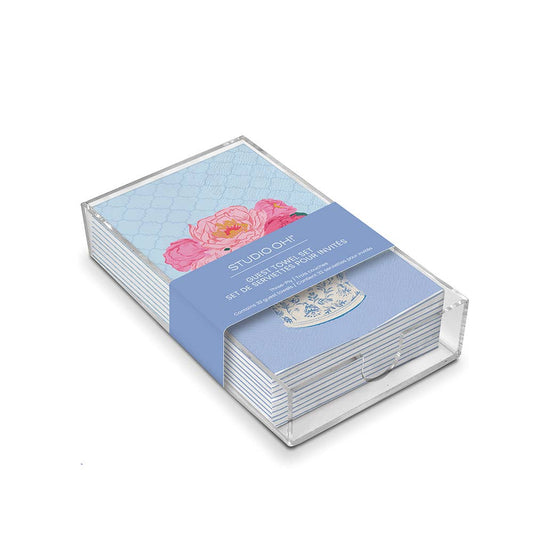 Bouquet on Blue Guest Towels in clear acrylic holder, blue with pink flowers and teacups, Studio Oh! label; 8x4.5 inches.