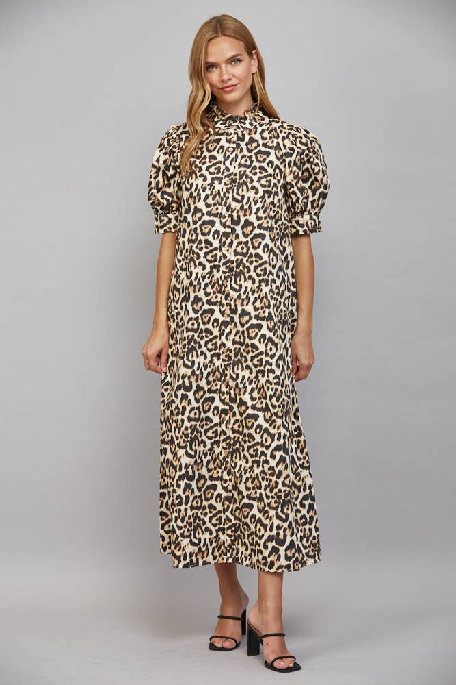 Ivory leopard print midi dress with ruffled high neckline, button down front, and puff sleeves. Size: M.