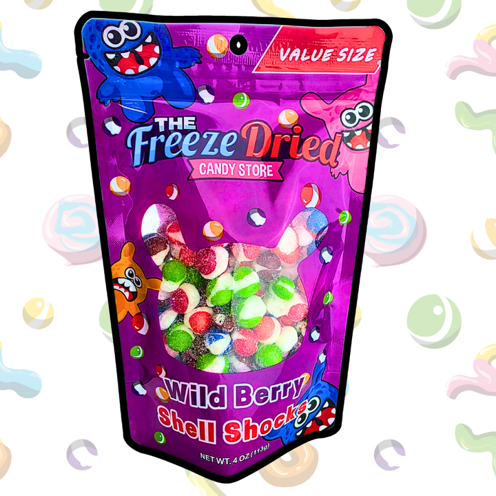 4 oz pack of Freeze Dried Shell Shocks: Sour Wild Berry, with bright candy pieces and bold fruity flavor.