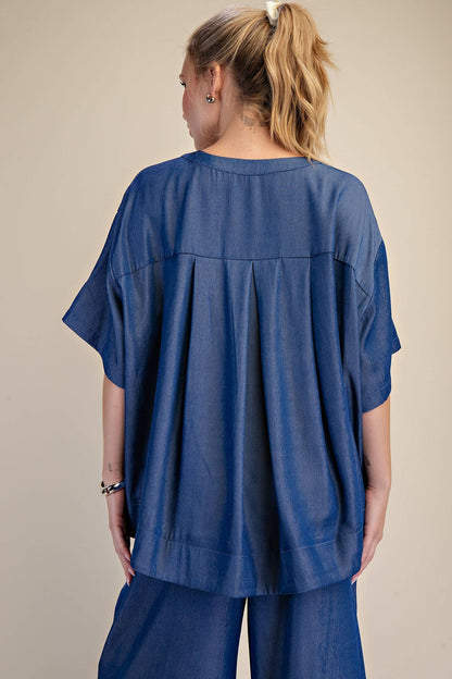 Indigo Round Neck Band Oversize Shirt