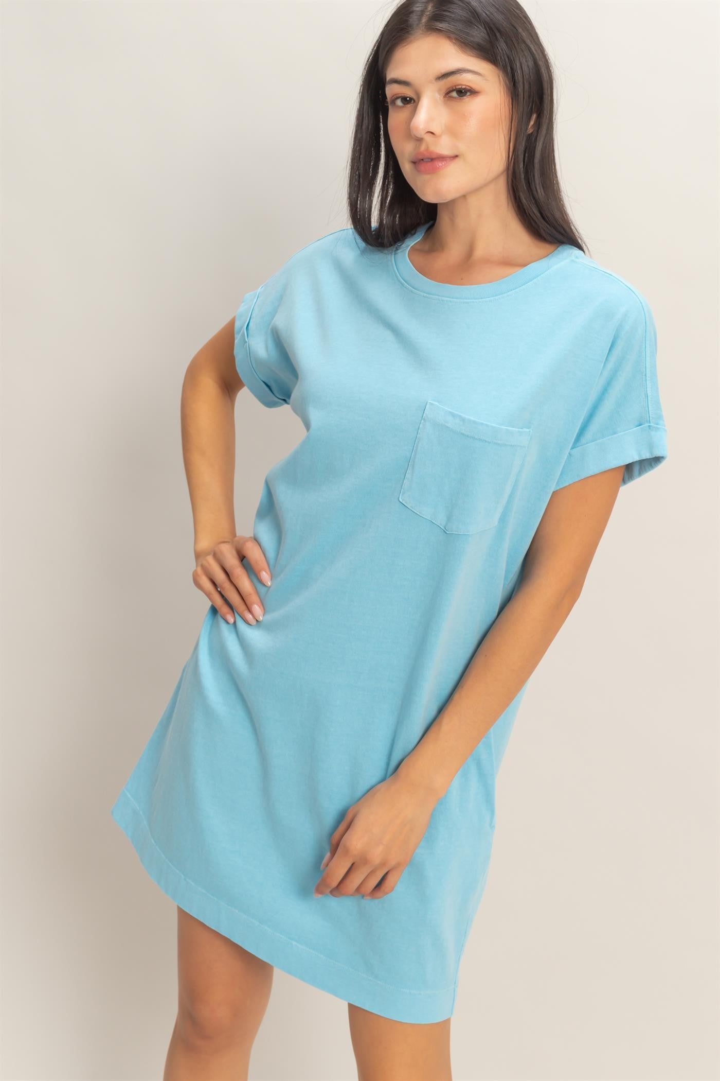Relaxed Fit Crewneck T-Shirt Dress in light blue cotton with short sleeves, chest pocket. Available sizes: XS-XL.