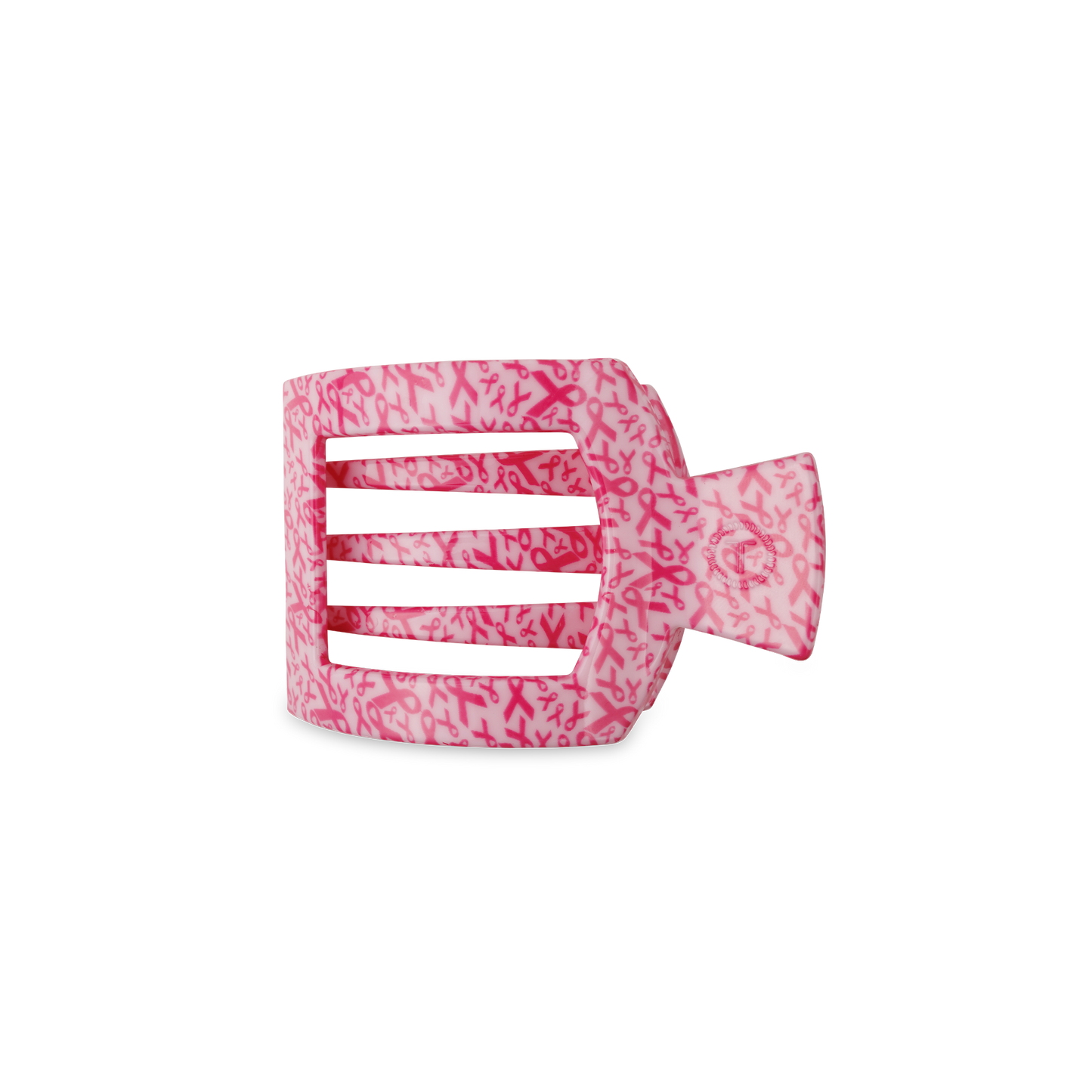 TELETIES Square Flat Hair Clip in pink, patterned with ribbons on white. Features a rectangular design with four strong-grip teeth for secure hold. Available Size: One size fits all.
