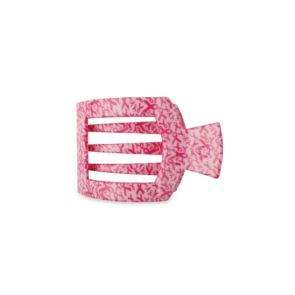 TELETIES Square Flat Hair Clip in pink, patterned with ribbons on white. Features a rectangular design with four strong-grip teeth for secure hold. Available Size: One size fits all.