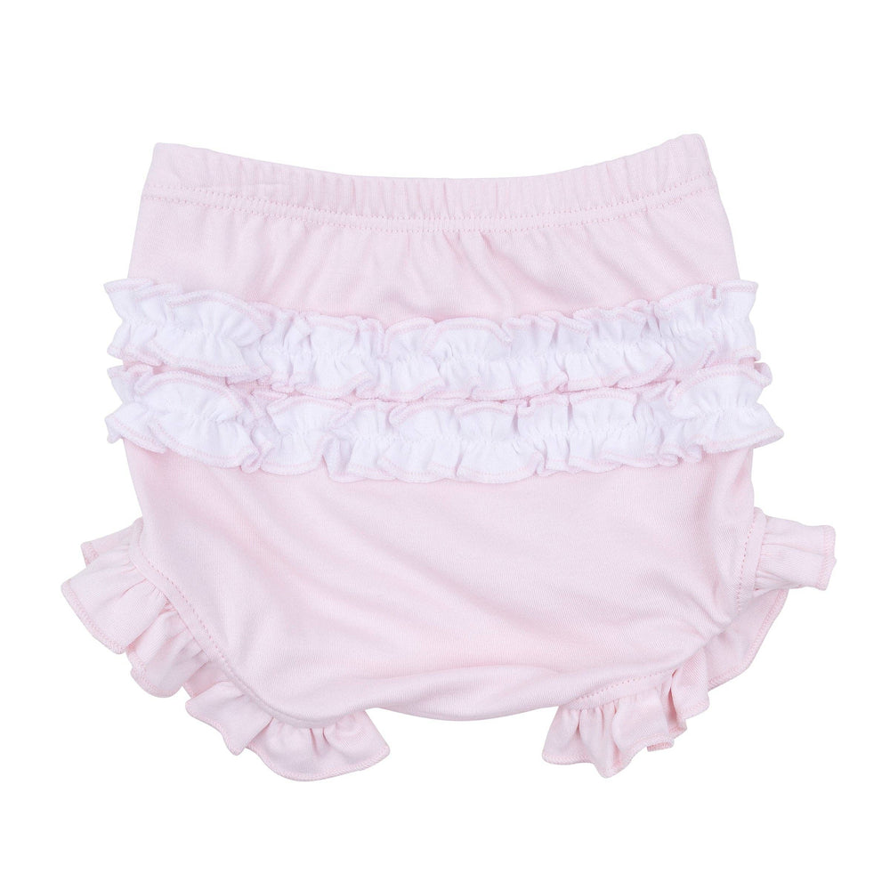 Pink smocked ruffle short sleeve diaper cover set, soft Pima cotton, white back ruffles, 3 months size.