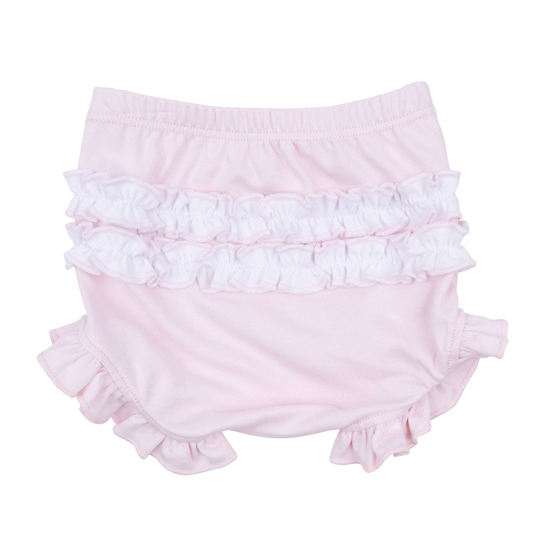 Pink smocked ruffle short sleeve diaper cover set, soft Pima cotton, white back ruffles, 3 months size.