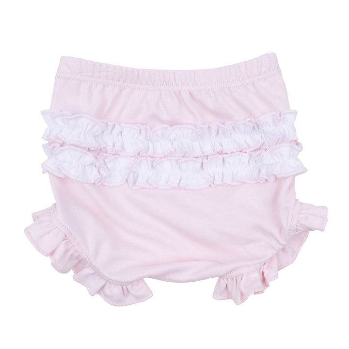 Pink smocked ruffle short sleeve diaper cover set, soft Pima cotton, white back ruffles, 3 months size.