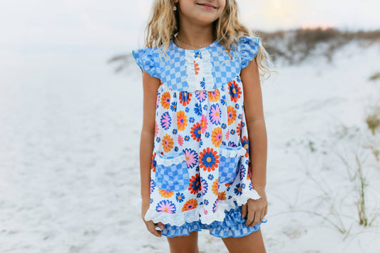 Girls Blue Check Flower Power Short Set
