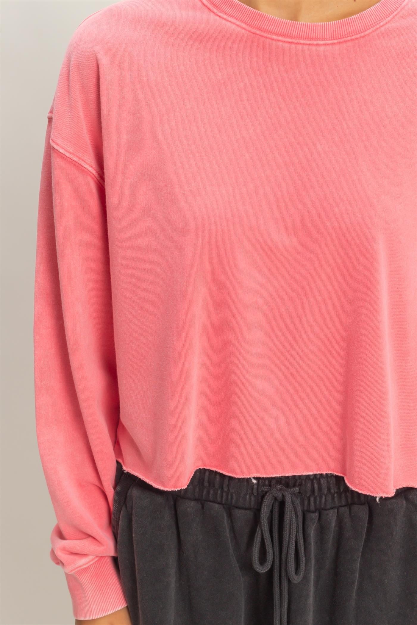 Cropped Mineral Wash Sweatshirt in pink with loose boxy fit, raw hem. Available in XS-XL.
