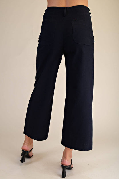 Colette Navy Wide-Leg Scallop Pocket Pants with back view; available in sizes XS-XL.
