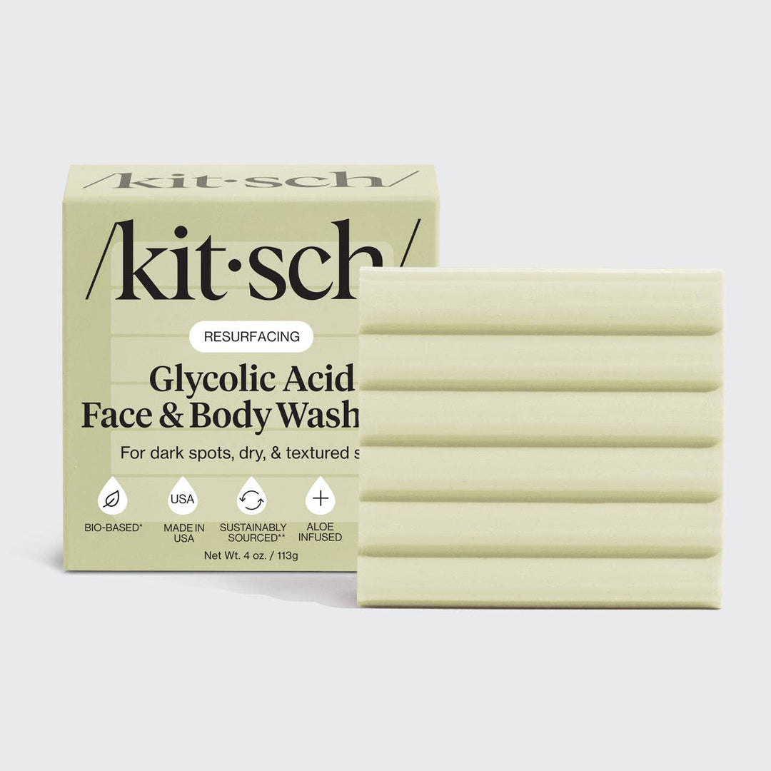 Light green box of Glycolic Acid Exfoliating Face and Body Wash, gentle AHA cleanser; sizes: 6 oz, 12 oz.