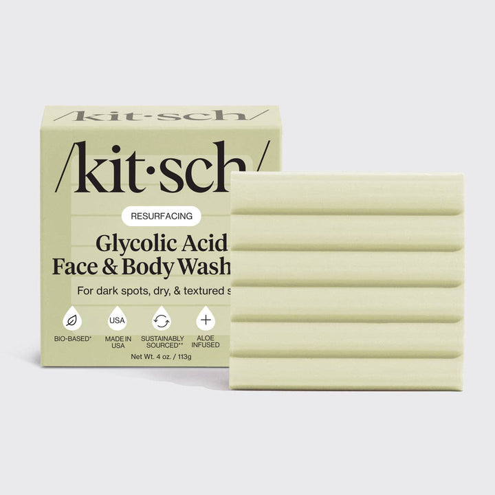 Light green box of Glycolic Acid Exfoliating Face and Body Wash, gentle AHA cleanser; sizes: 6 oz, 12 oz.