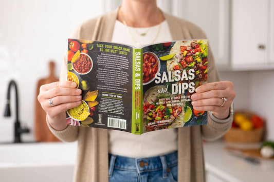 Salsas and Dips recipe book with over 100 recipes; features colorful photos; available in paperback and hardcover.