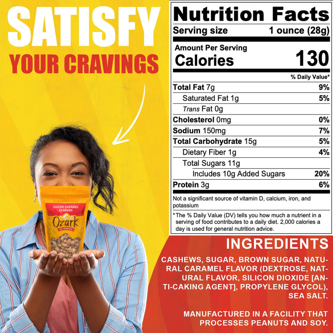 Salted Caramel Cashews pack, 3oz size, shown with nutrition facts and slogan "Satisfy Your Cravings." Premium cashews featured.