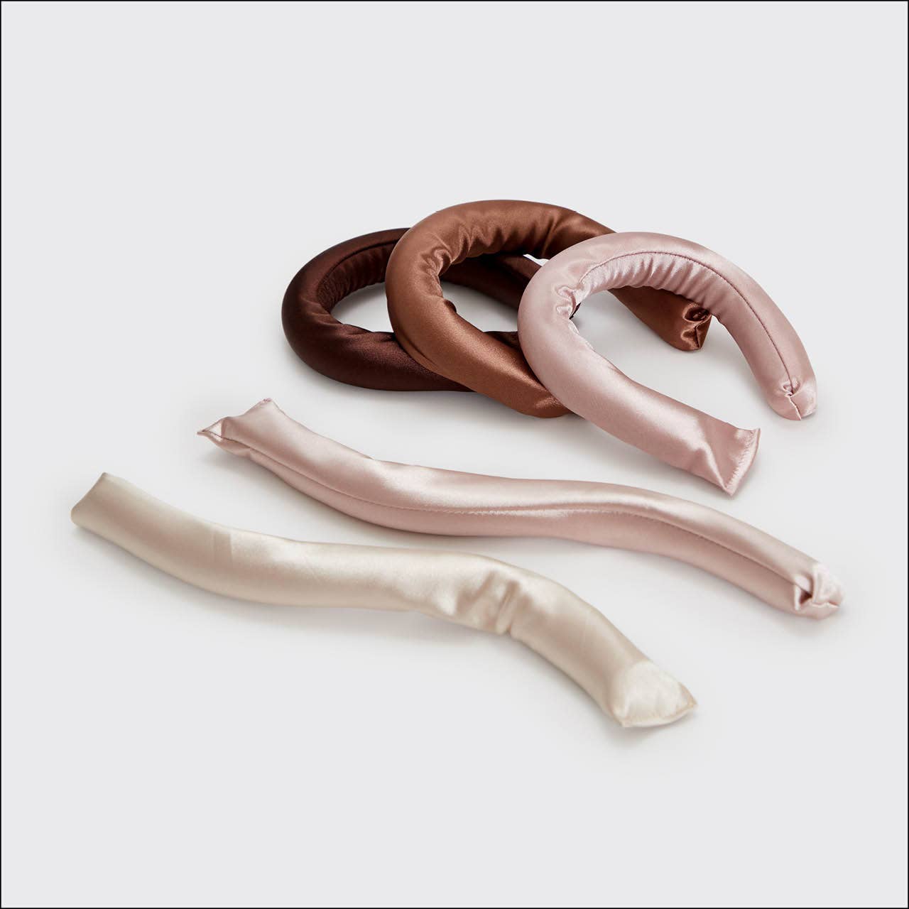 Satin Wrapped Flexi Rods - 6pc Set in light pink and brown, vegan satin, available in multiple sizes for no-heat curling.