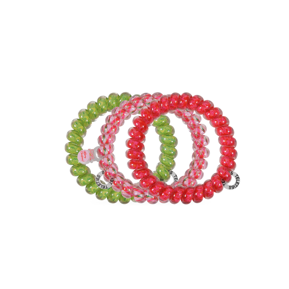 And to All a Good Night large hair ties, set of three spiral coils in red and green.