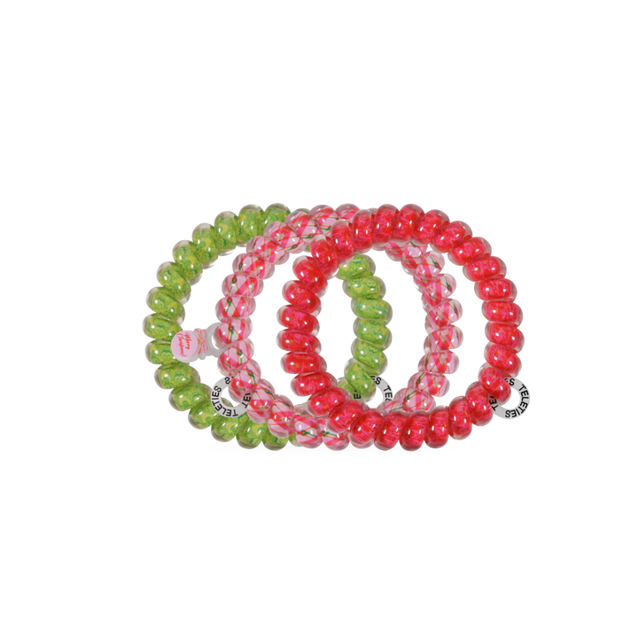 And to All a Good Night large hair ties, set of three spiral coils in red and green.