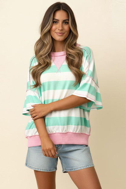 Mint Stripe Pullover Knit Top with mint green and white stripes, pink trim. Available in sizes XS–XL.