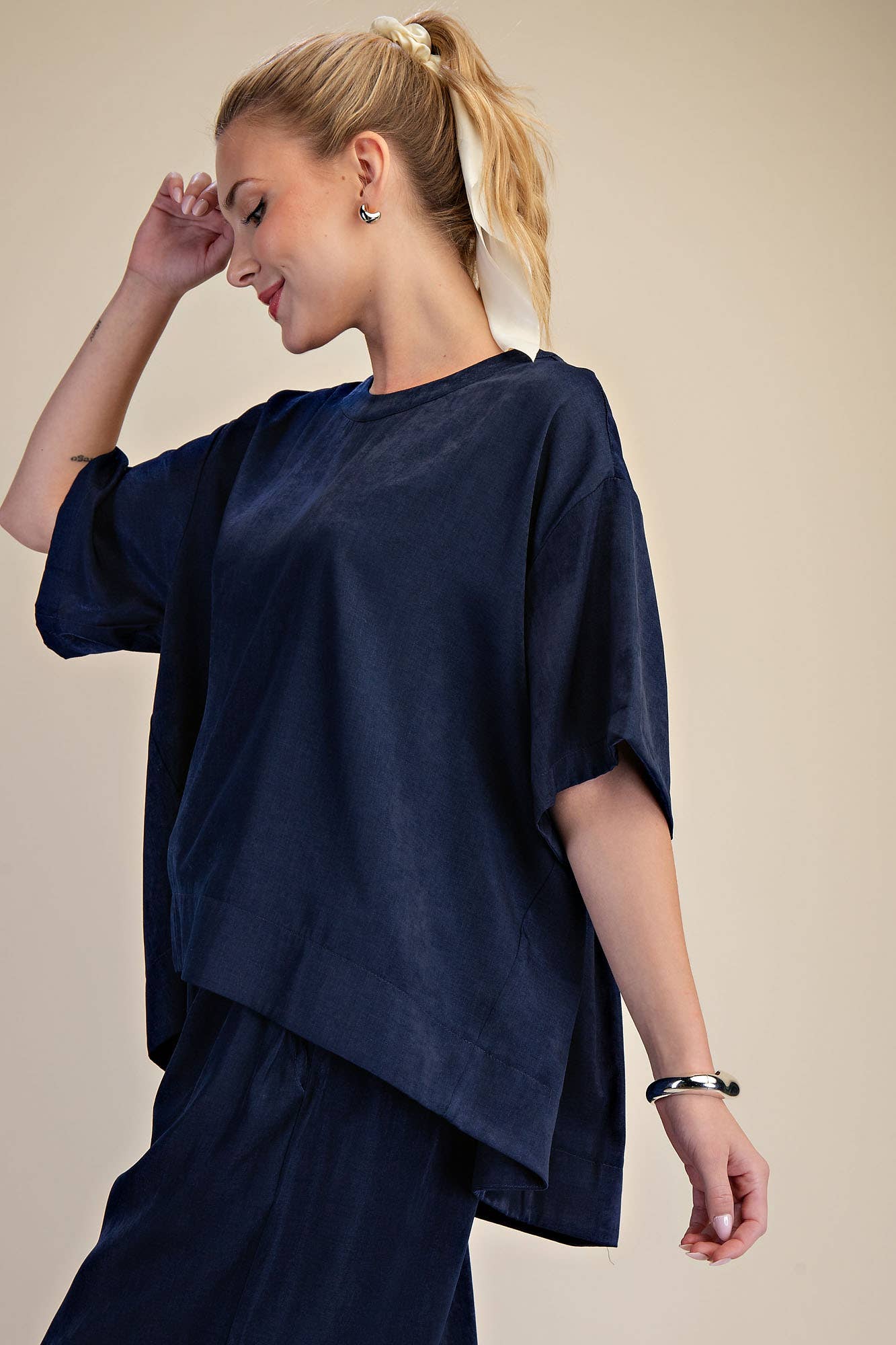 Navy Round Neck Band Oversize Shirt, relaxed fit. Sizes: S, M, L, XL. Matching pants not included in this product description.