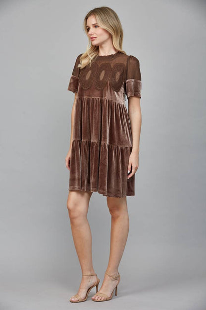 Contrast Sheer Mesh With Intricate Lace Detail Velvet Dress
