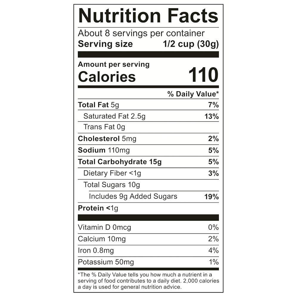 Cinnamon Bourbon Pecan Popcorn nutrition: 8 servings (1/2 cup each), 110 cal, GF, with vitamins/minerals.