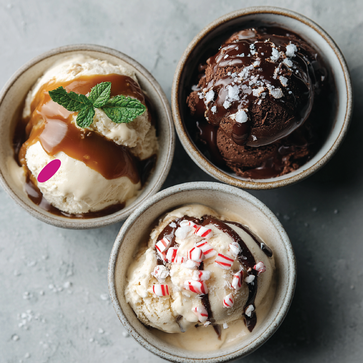 Sugar Free Holiday Delicious Drizzle Sauce Trio featuring caramel and mint, chocolate and sea salt, and chocolate with crushed peppermint.